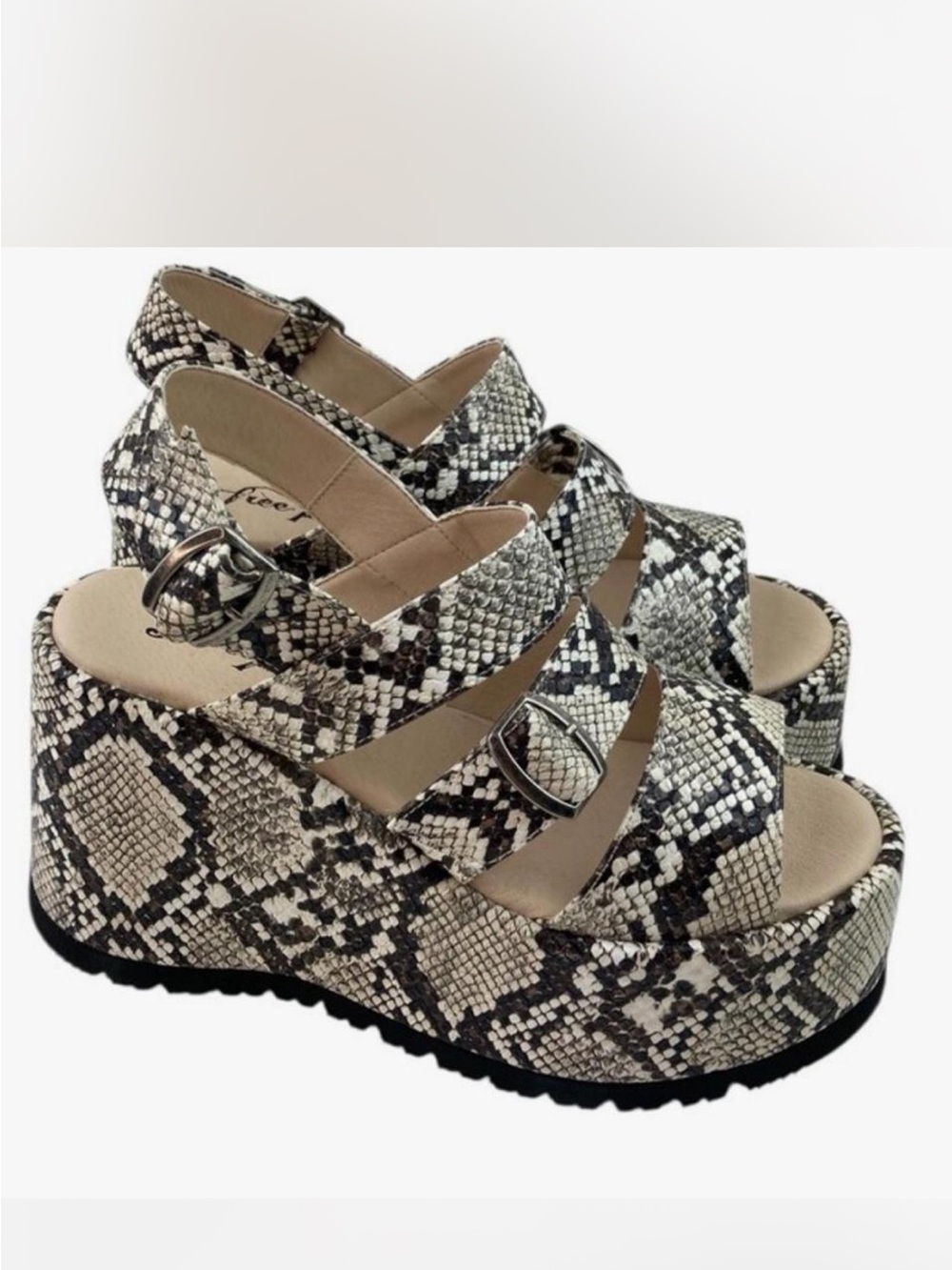 Free People Black and White Snake-Print Platform Wedges